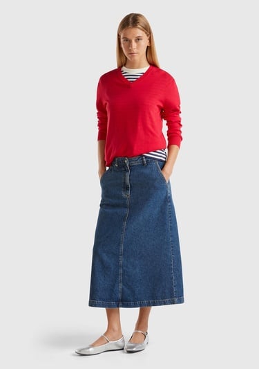  Kadın Kırmızı Pamuk ve Modal Karışımlı Önü V Arkası Yuvarlak Yaka Kazak