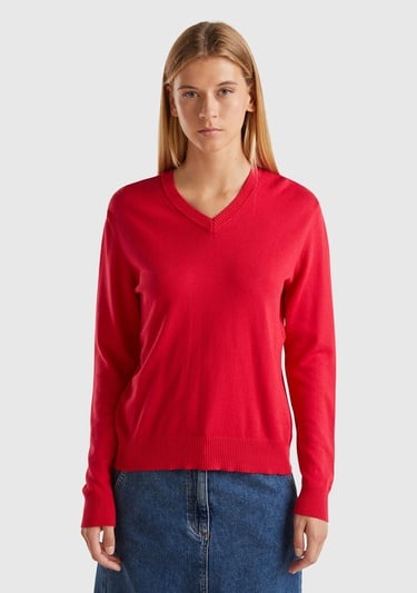  Kadın Kırmızı Pamuk ve Modal Karışımlı Önü V Arkası Yuvarlak Yaka Kazak