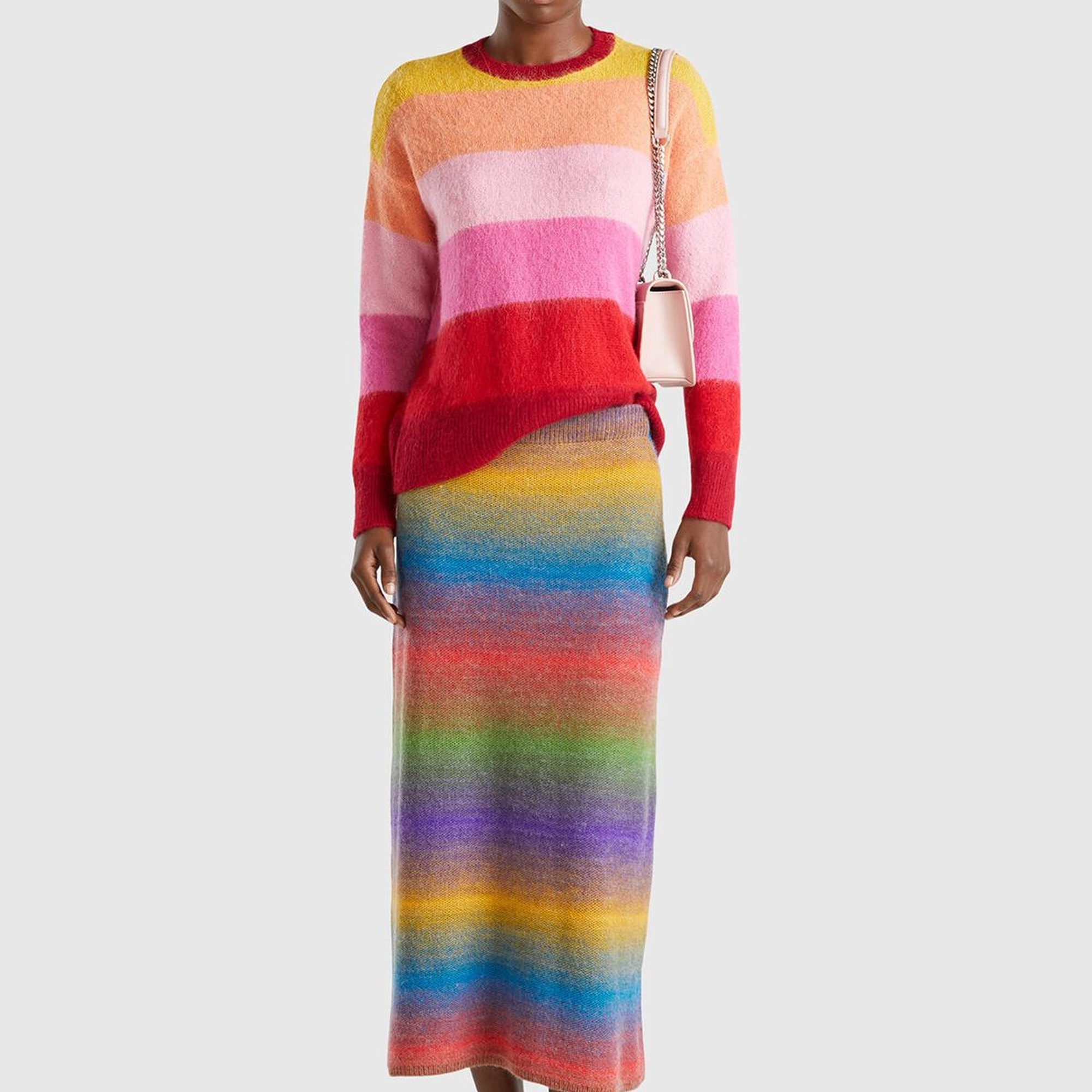 Kadın Yeşil Mix Yün Karışımlı Elastik Belli Çok Renkli Midi Etek