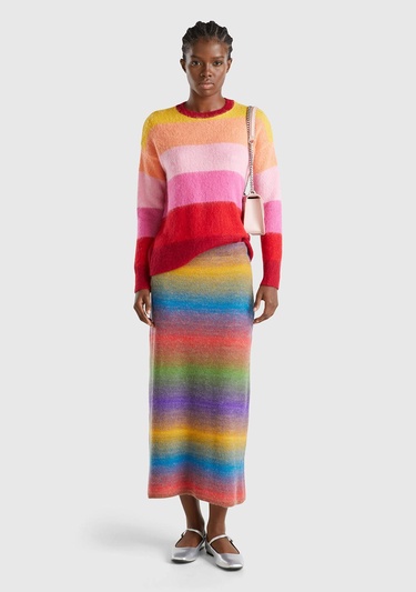  Kadın Yeşil Mix Yün Karışımlı Elastik Belli Çok Renkli Midi Etek