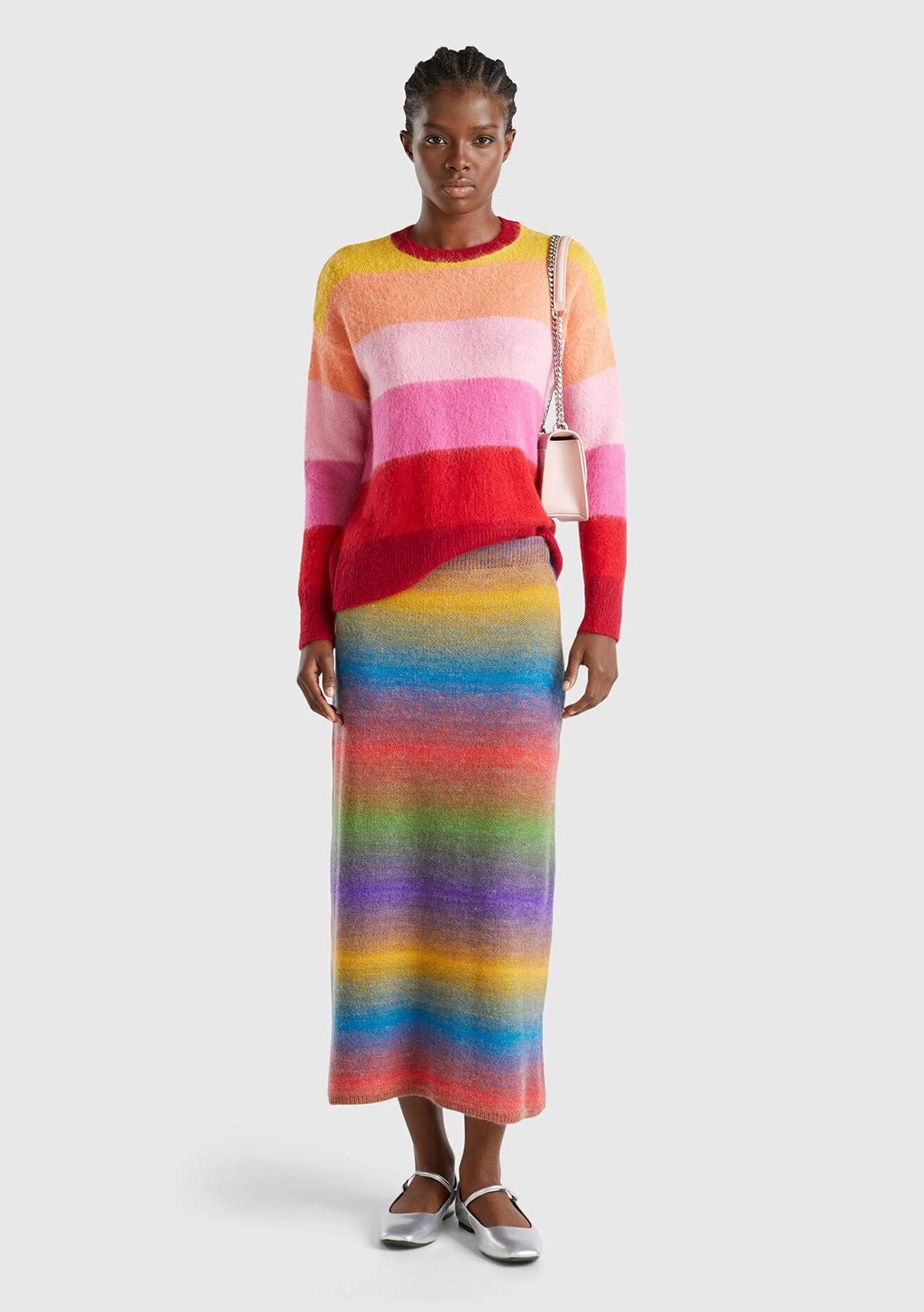  Kadın Yeşil Mix Yün Karışımlı Elastik Belli Çok Renkli Midi Etek