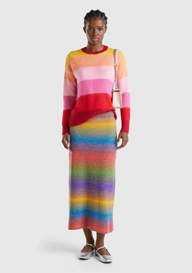  Kadın Yeşil Mix Yün Karışımlı Elastik Belli Çok Renkli Midi Etek