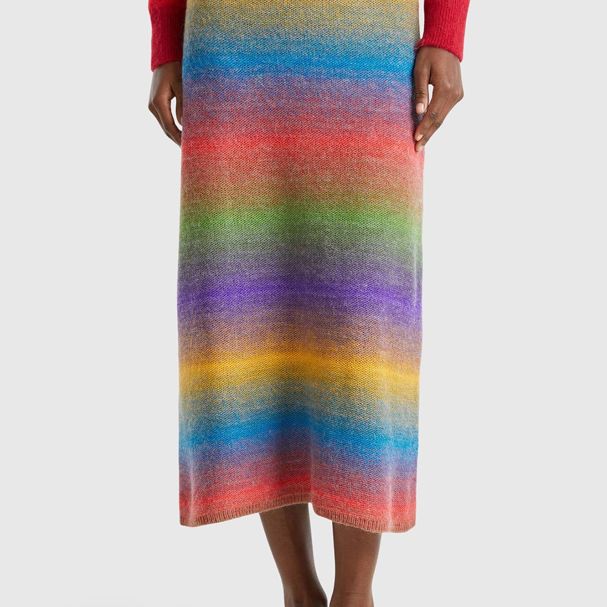 Kadın Yeşil Mix Yün Karışımlı Elastik Belli Çok Renkli Midi Etek