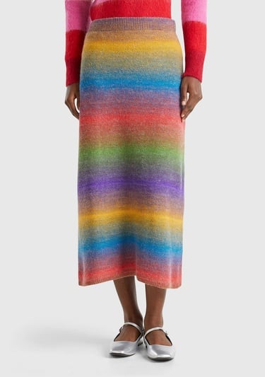  Kadın Yeşil Mix Yün Karışımlı Elastik Belli Çok Renkli Midi Etek