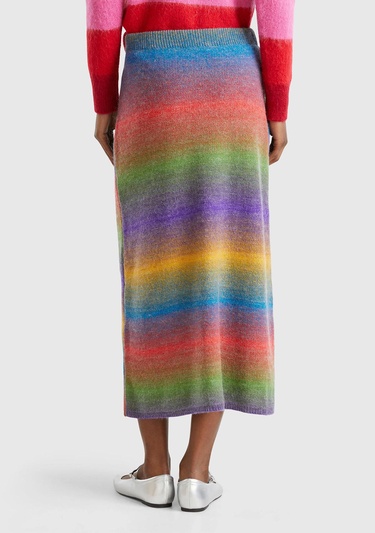  Kadın Yeşil Mix Yün Karışımlı Elastik Belli Çok Renkli Midi Etek