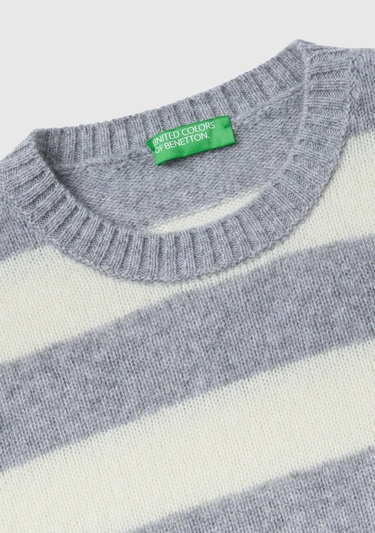  Kadın Gri Melanj %100 Yün Çizgili Shetland Kazak