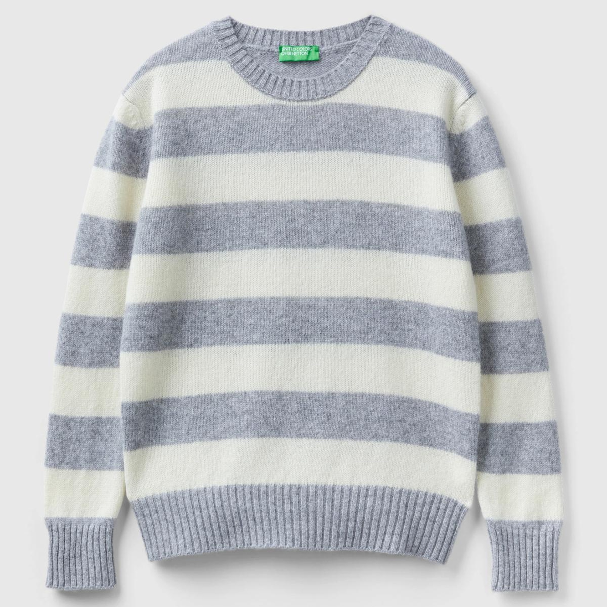 Kadın Gri Melanj %100 Yün Çizgili Shetland Kazak