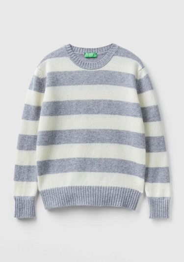  Kadın Gri Melanj %100 Yün Çizgili Shetland Kazak