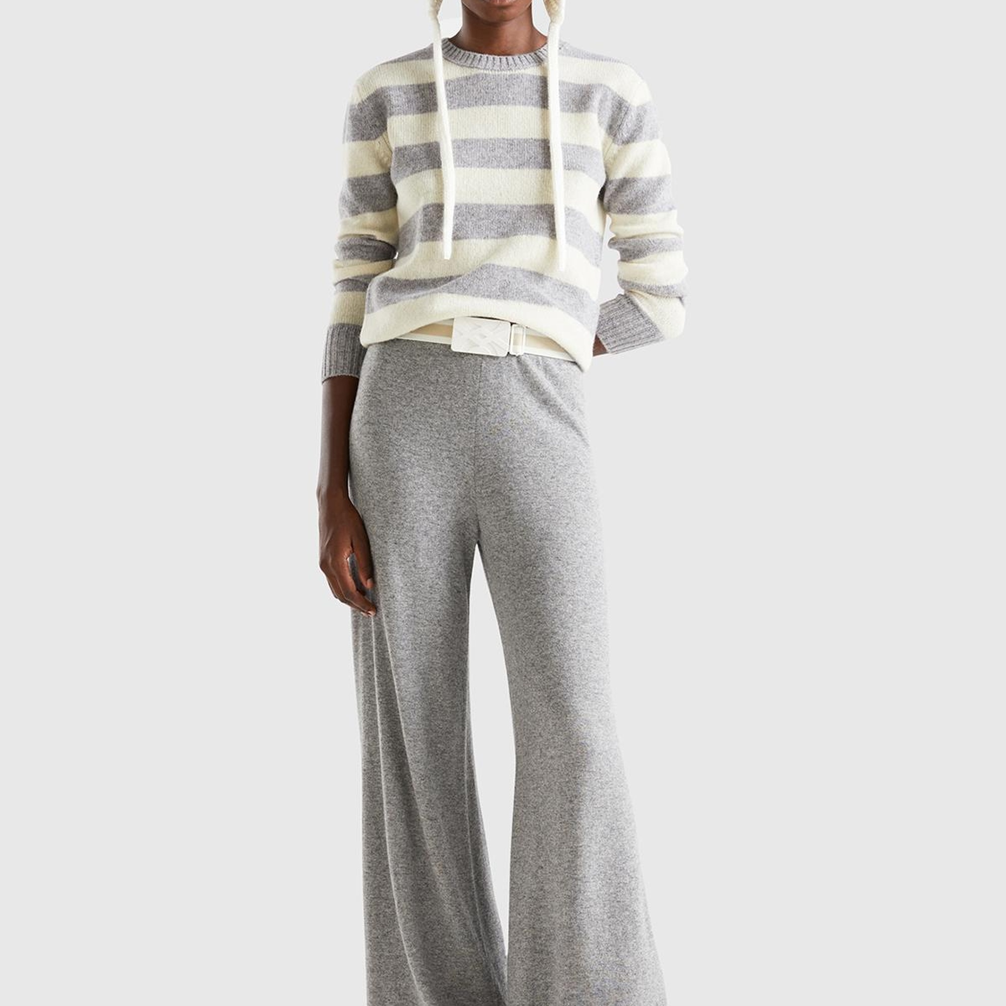 Kadın Gri Melanj %100 Yün Çizgili Shetland Kazak