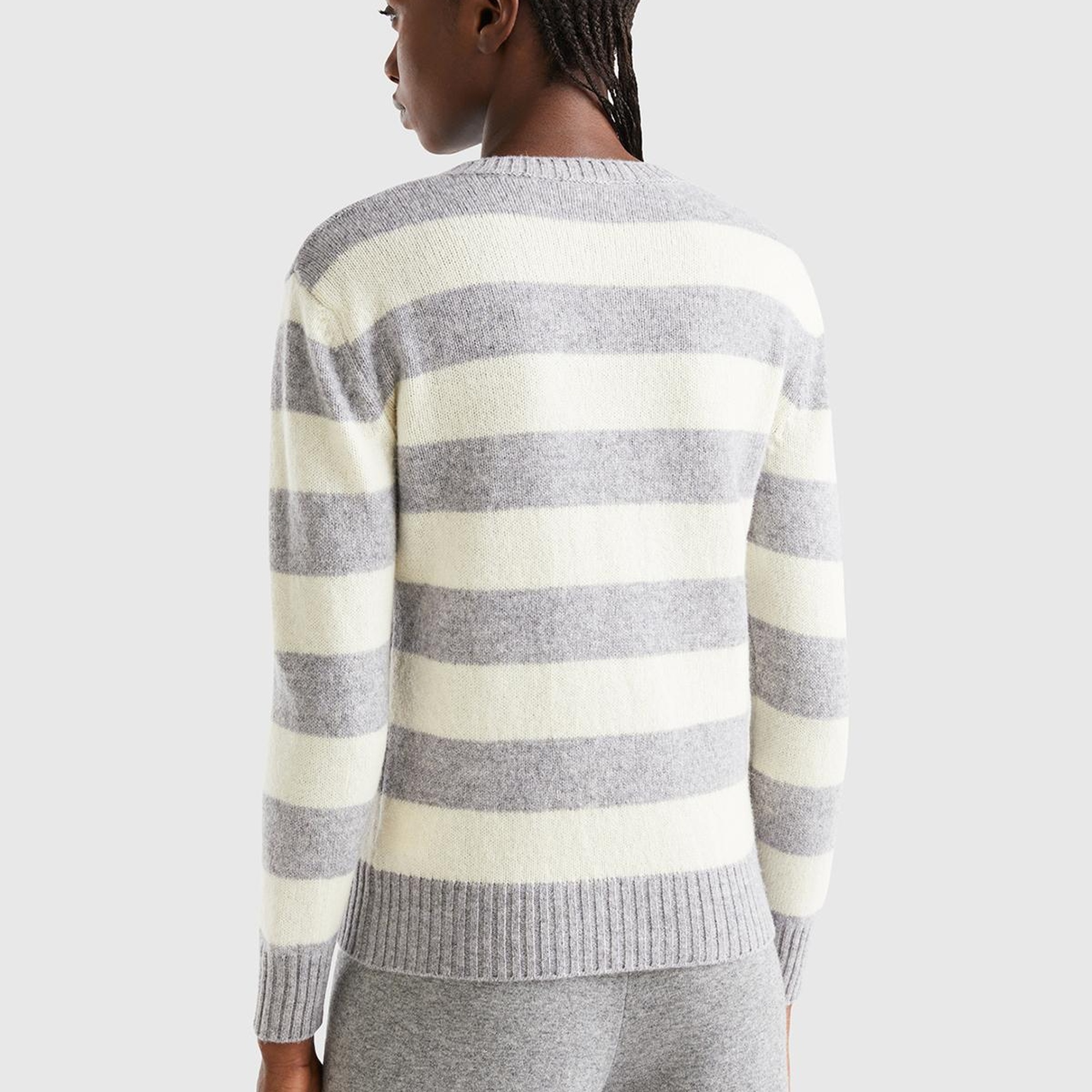 Kadın Gri Melanj %100 Yün Çizgili Shetland Kazak