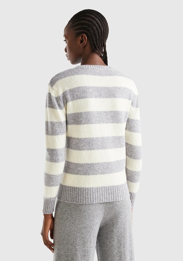  Kadın Gri Melanj %100 Yün Çizgili Shetland Kazak