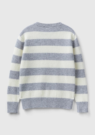  Kadın Gri Melanj %100 Yün Çizgili Shetland Kazak