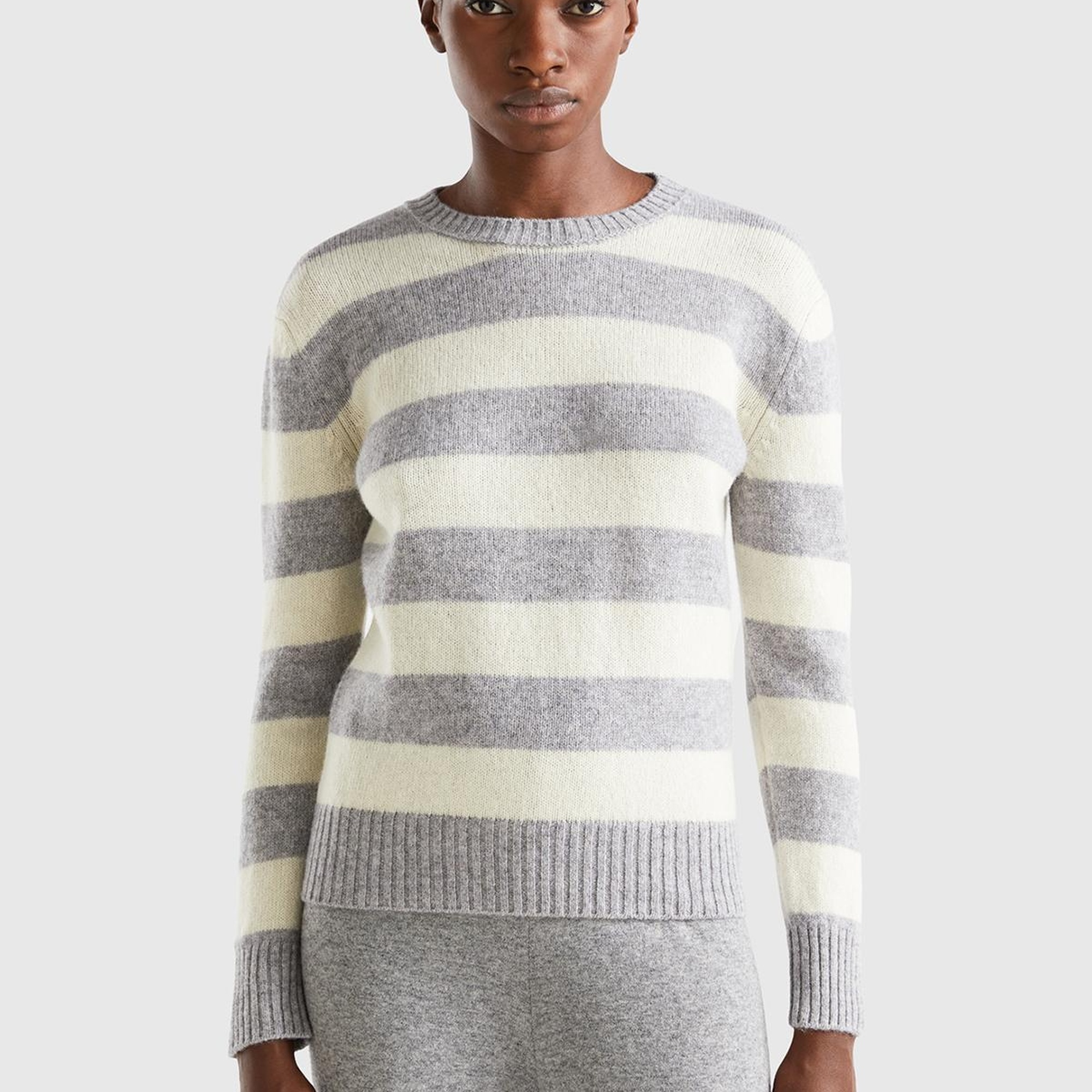 Kadın Gri Melanj %100 Yün Çizgili Shetland Kazak