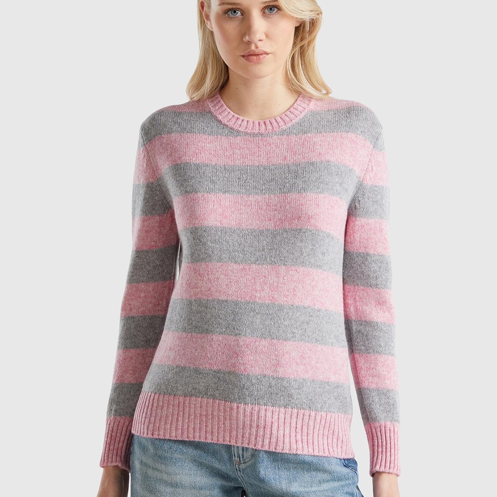 Kadın Pembe Melanj %100 Yün Çizgili Shetland Kazak