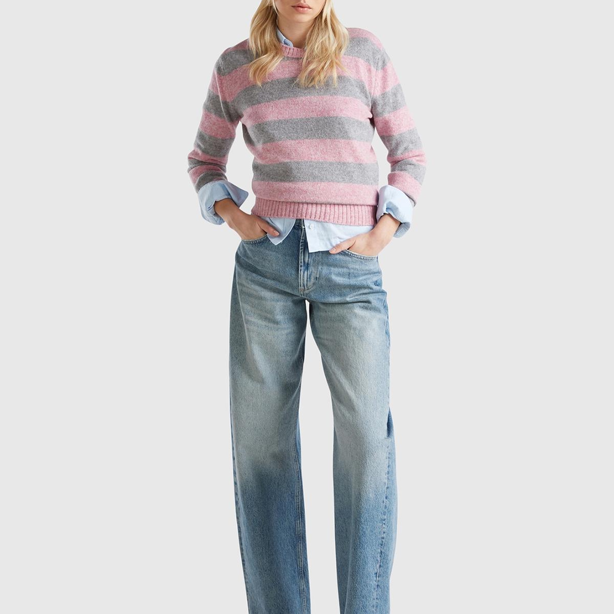 Kadın Pembe Melanj %100 Yün Çizgili Shetland Kazak