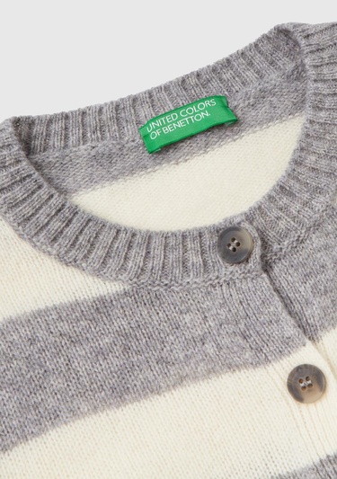  Kadın Gri Melanj %100 Yün Çizgili Shetland Hırka