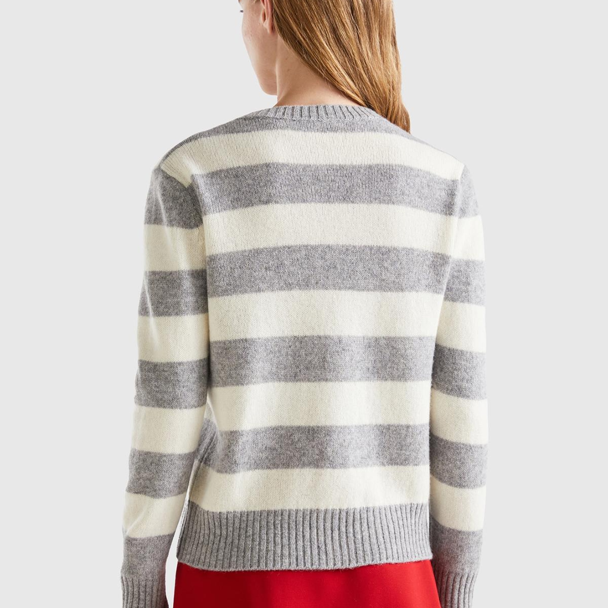 Kadın Gri Melanj %100 Yün Çizgili Shetland Hırka