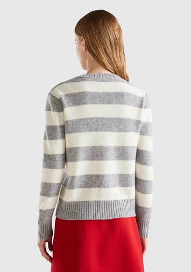  Kadın Gri Melanj %100 Yün Çizgili Shetland Hırka