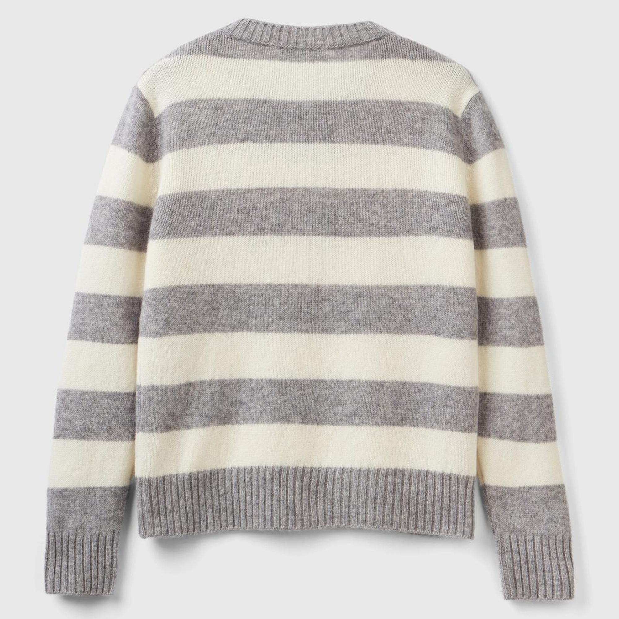 Kadın Gri Melanj %100 Yün Çizgili Shetland Hırka