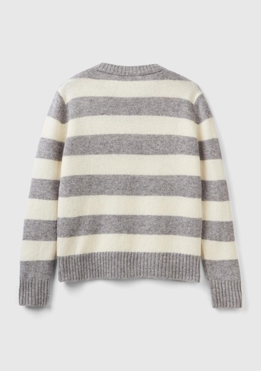  Kadın Gri Melanj %100 Yün Çizgili Shetland Hırka