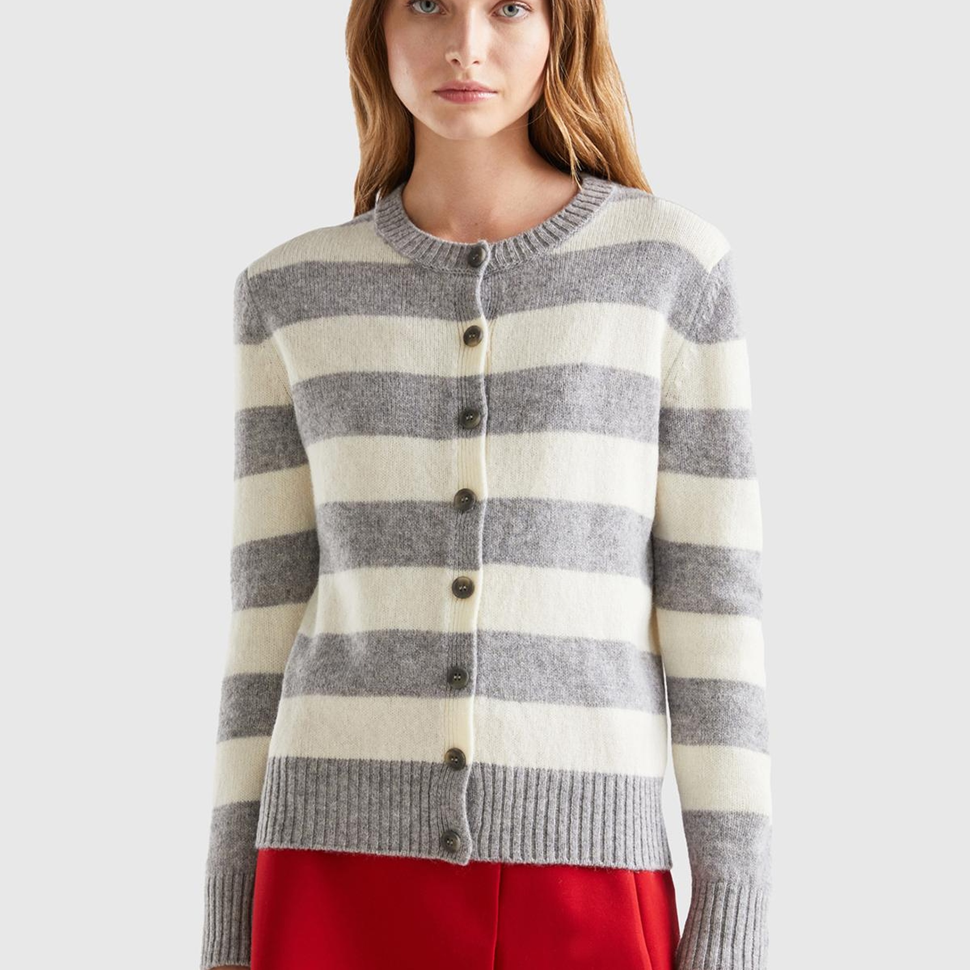 Kadın Gri Melanj %100 Yün Çizgili Shetland Hırka