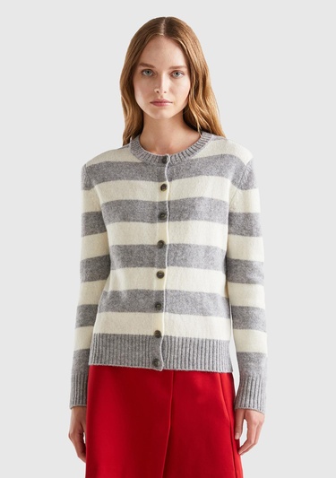  Kadın Gri Melanj %100 Yün Çizgili Shetland Hırka