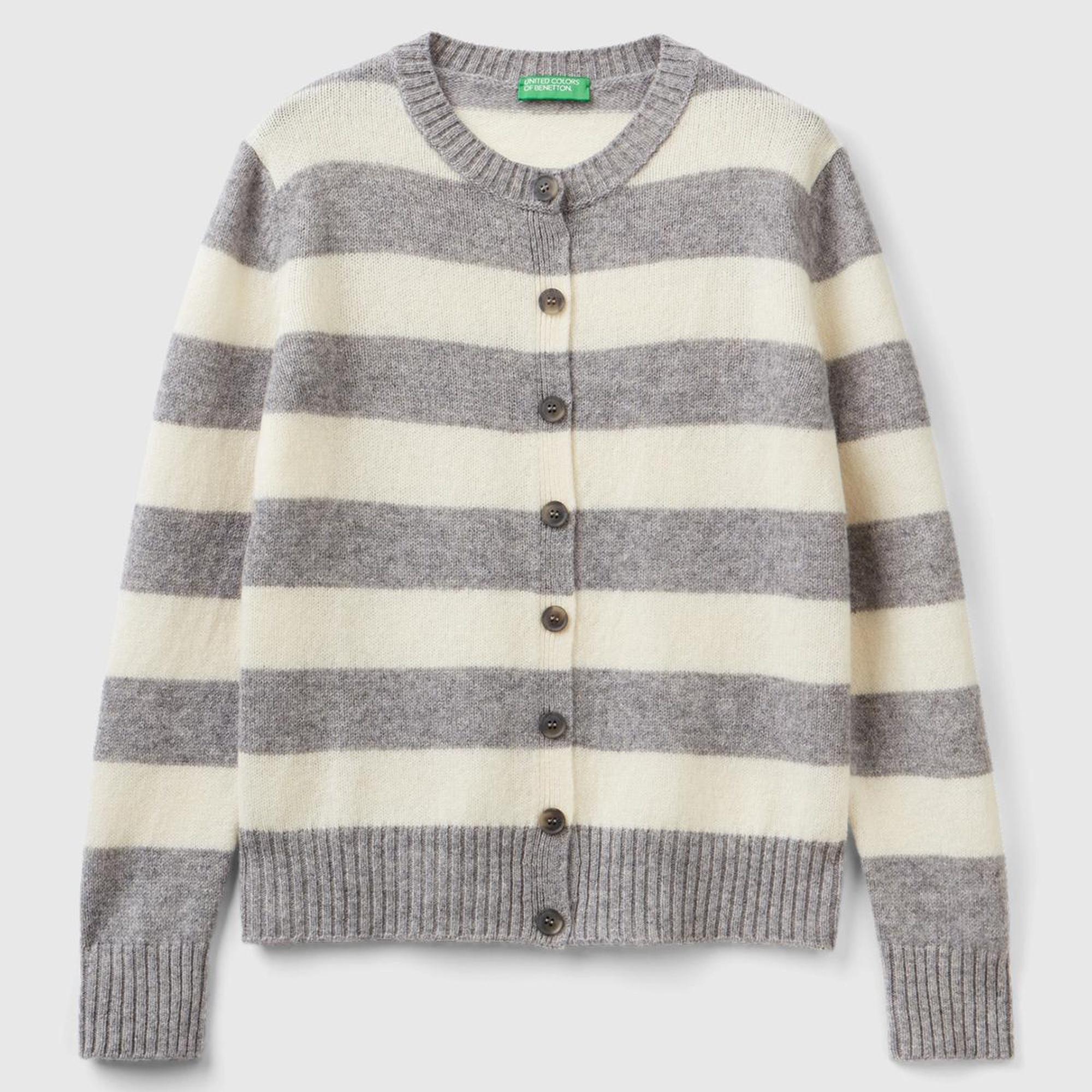 Kadın Gri Melanj %100 Yün Çizgili Shetland Hırka