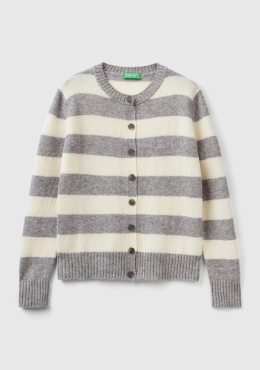  Kadın Gri Melanj %100 Yün Çizgili Shetland Hırka