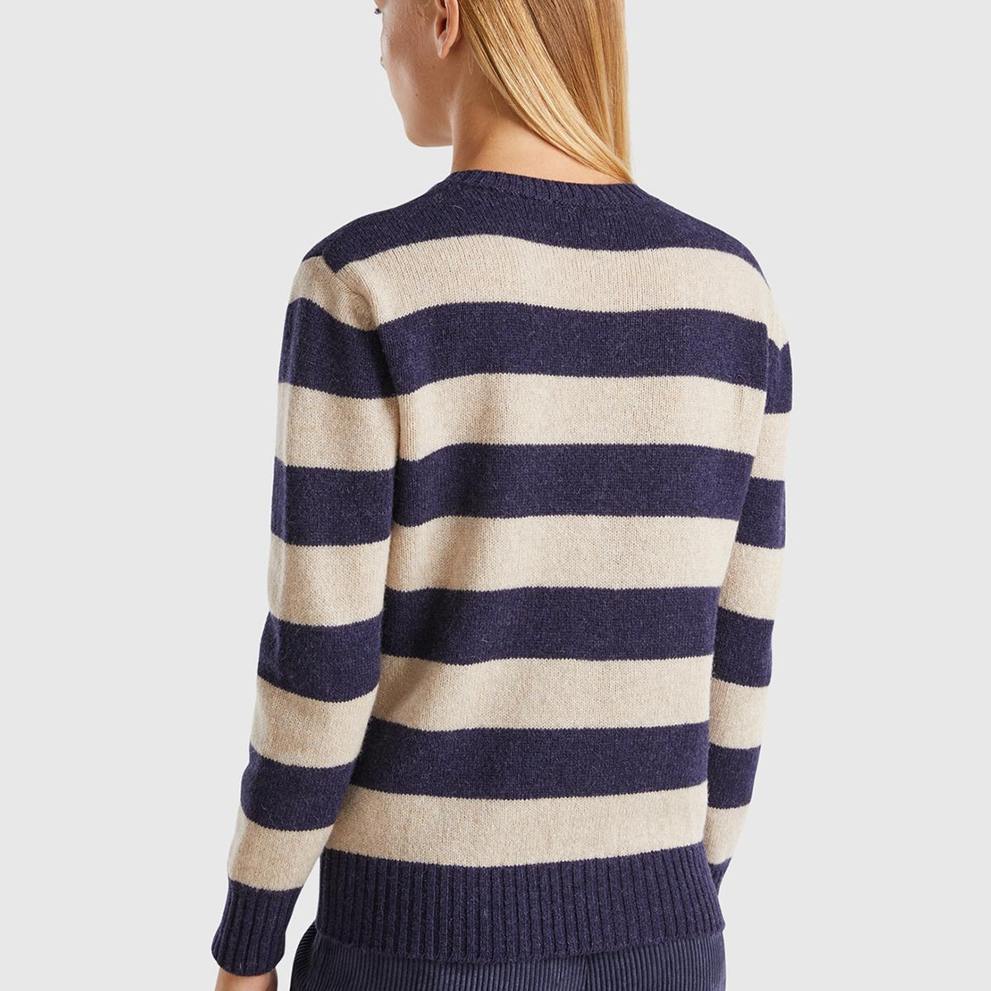 Kadın Bej Mix %100 Yün Çizgili Shetland Kazak