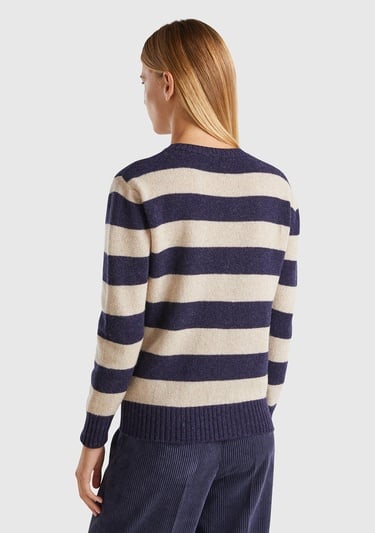  Kadın Bej Mix %100 Yün Çizgili Shetland Kazak