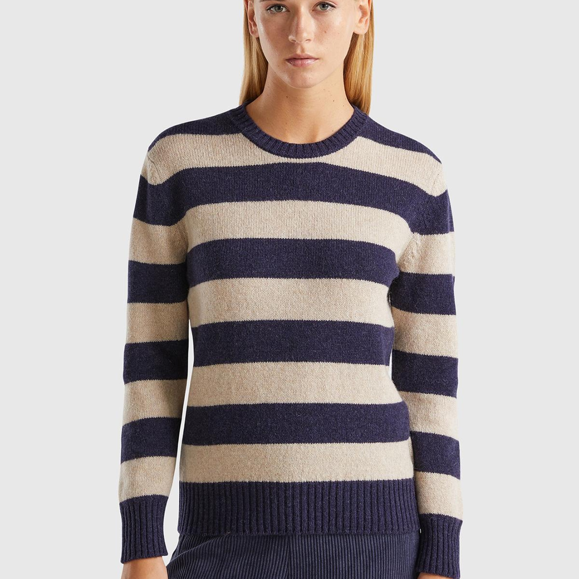 Kadın Bej Mix %100 Yün Çizgili Shetland Kazak