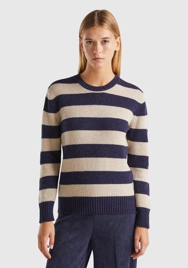  Kadın Bej Mix %100 Yün Çizgili Shetland Kazak