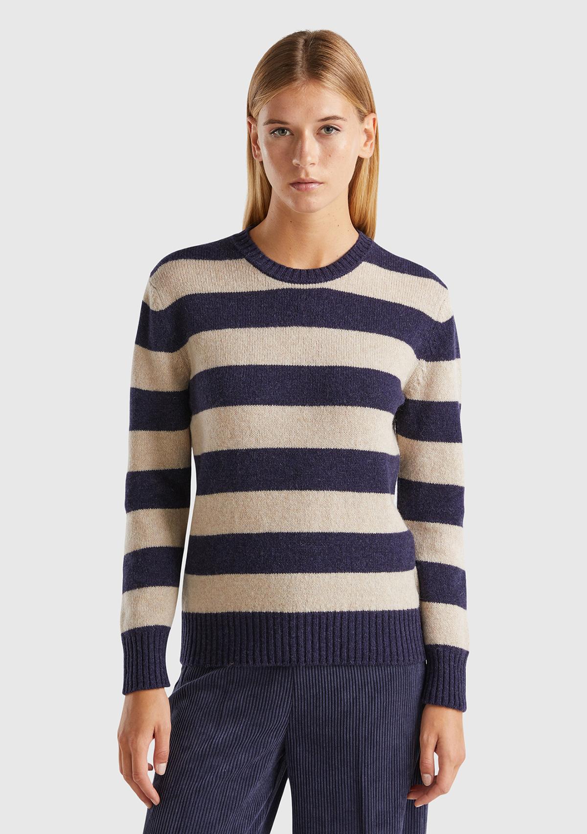  Kadın Bej Mix %100 Yün Çizgili Shetland Kazak