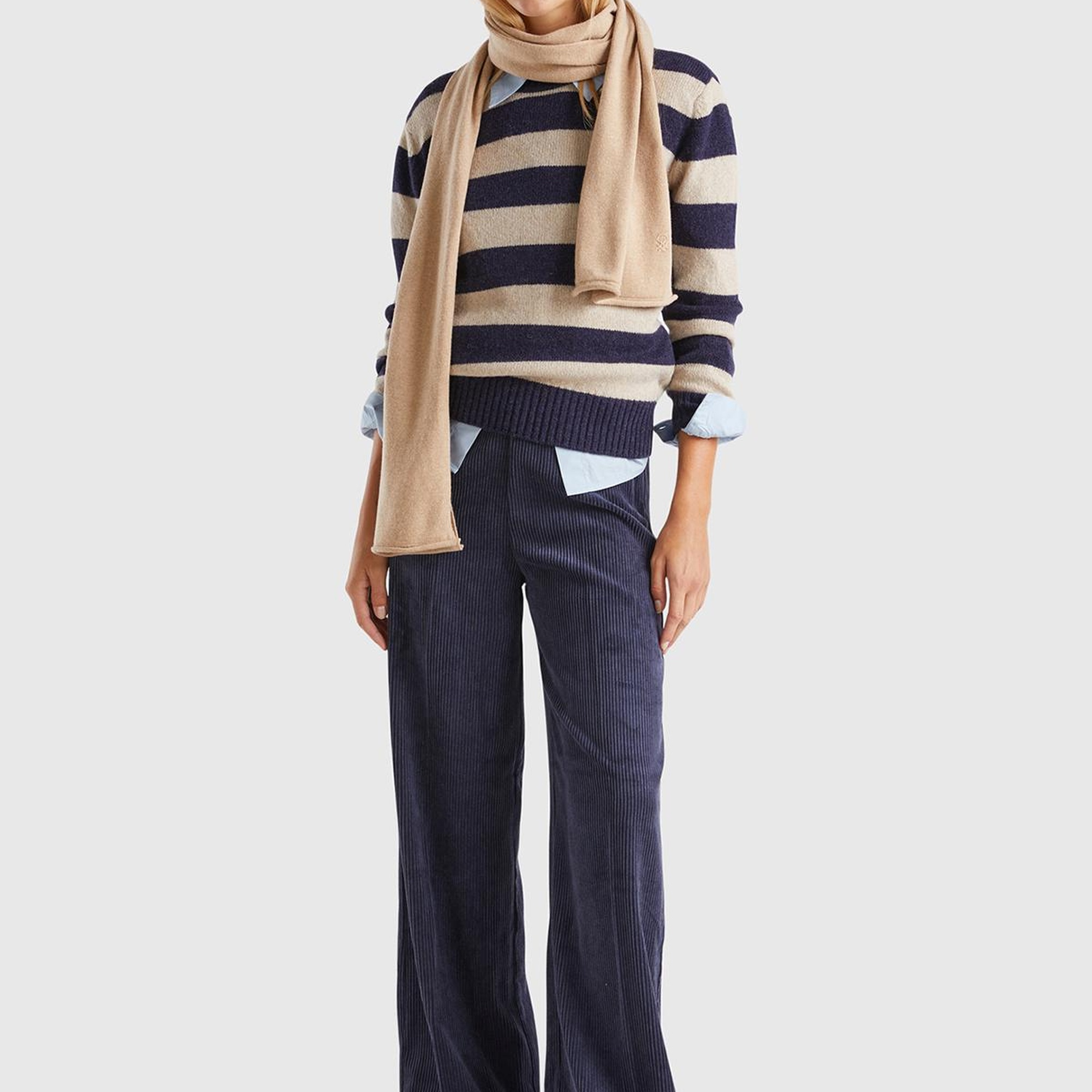 Kadın Bej Mix %100 Yün Çizgili Shetland Kazak