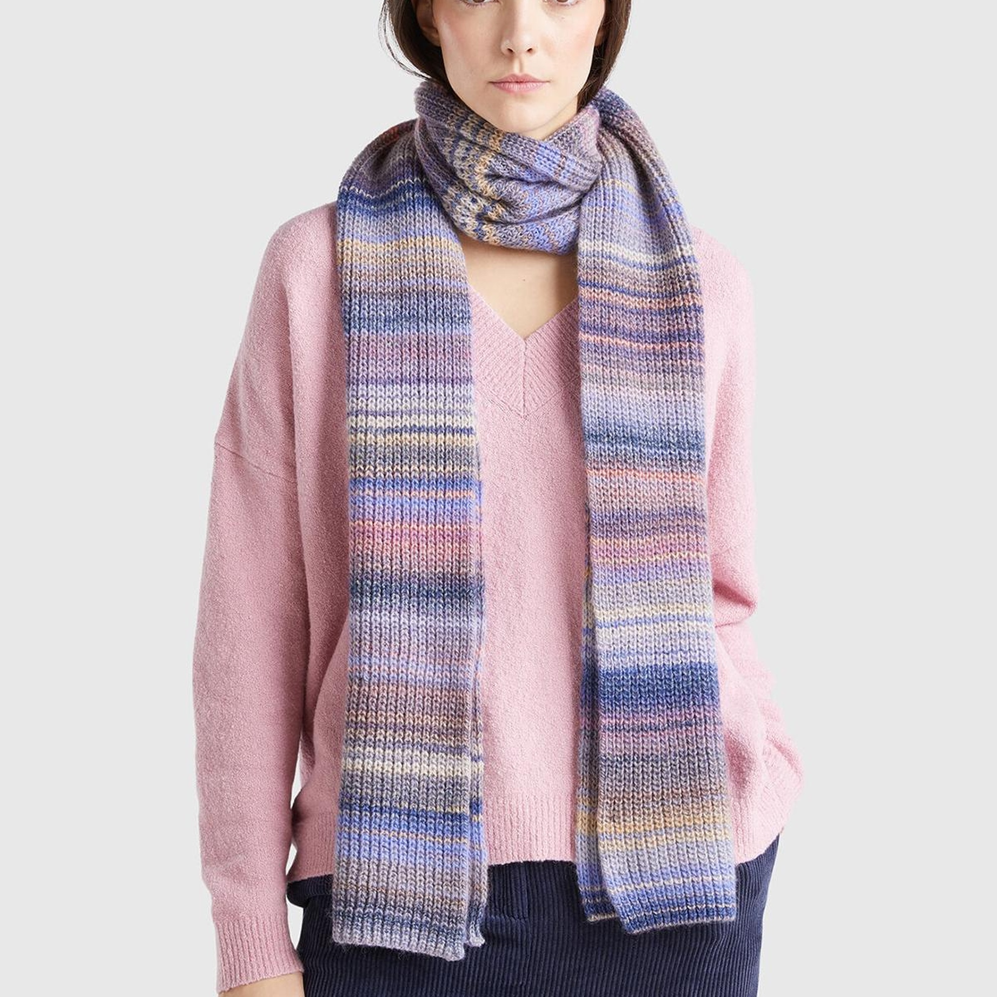 Kadın Mavi Mix Yün Karışımlı Renkli Çizgili Atkı