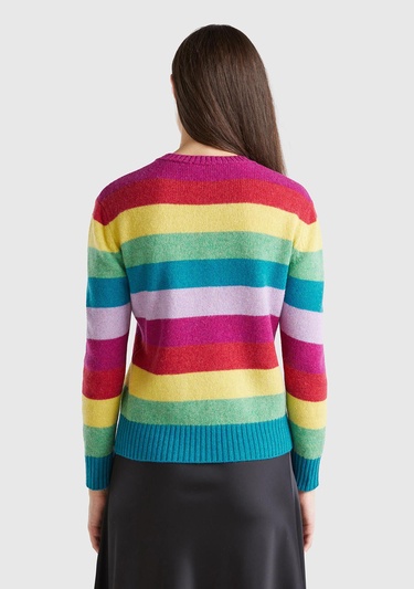  Kadın Çok Renkli %100 Yün Çizgili Shetland Kazak