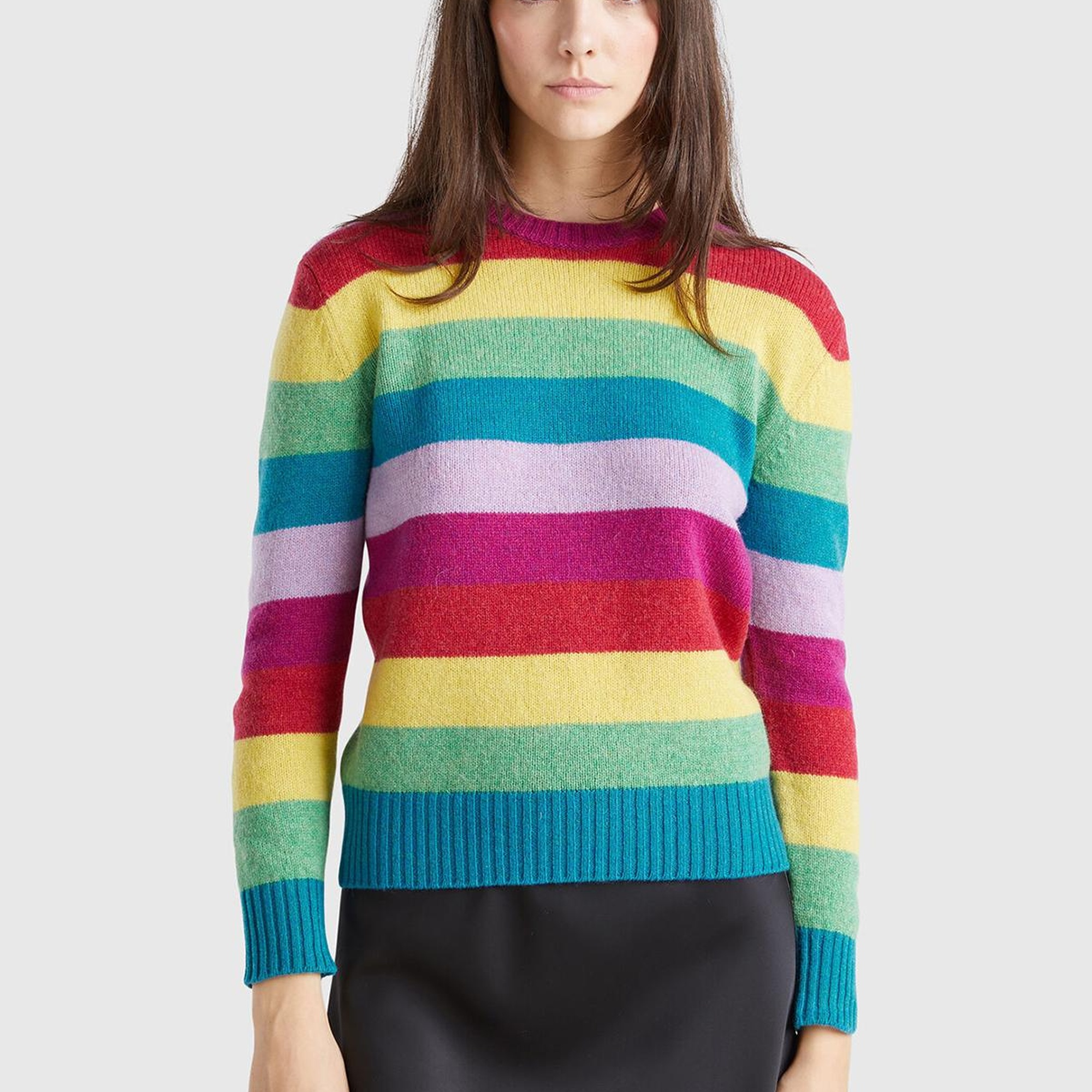 Kadın Çok Renkli %100 Yün Çizgili Shetland Kazak