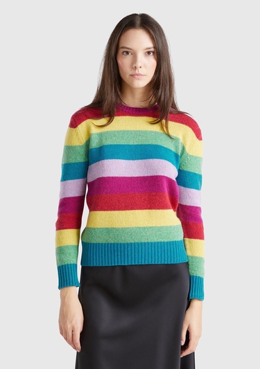  Kadın Çok Renkli %100 Yün Çizgili Shetland Kazak