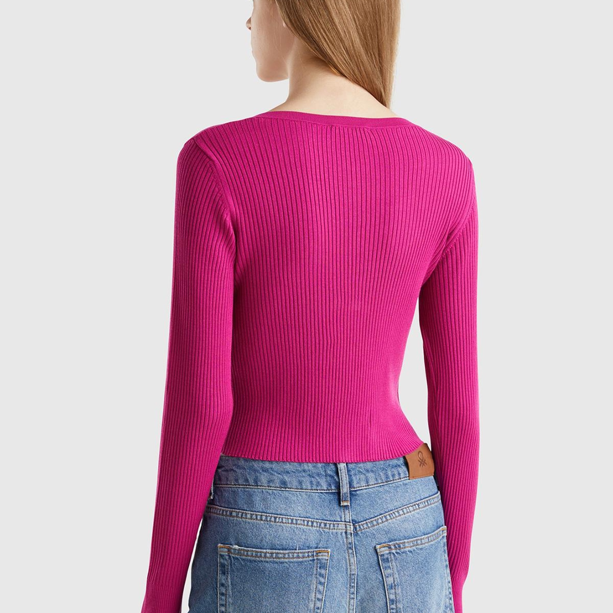 Kadın Fuşya Viskoz Karışımlı Önü Bağlama Detaylı Geniş V Yaka Hırka