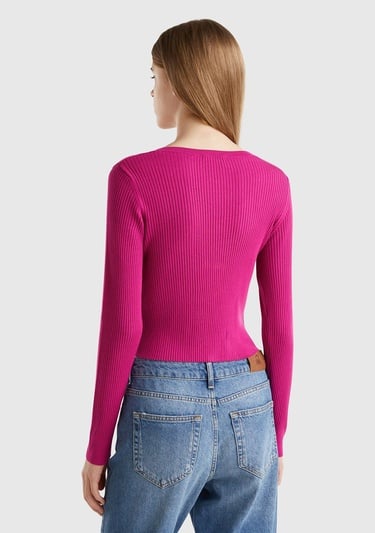  Kadın Fuşya Viskoz Karışımlı Önü Bağlama Detaylı Geniş V Yaka Hırka