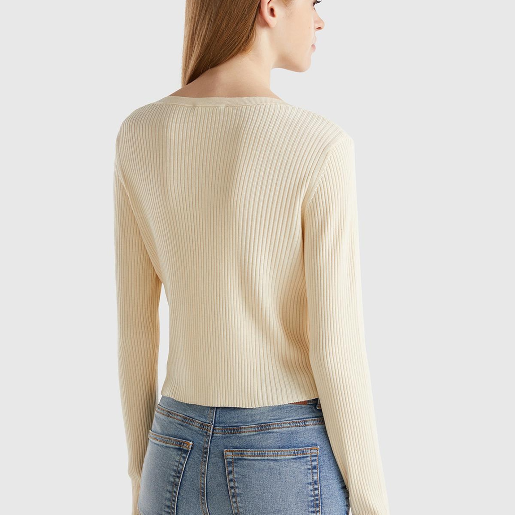 Kadın Krem Viskoz Karışımlı Önü Bağlama Detaylı Geniş V Yaka Hırka