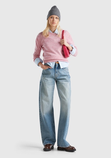  Kadın Pembe Melanj Bisiklet Yaka Shetland Kazak