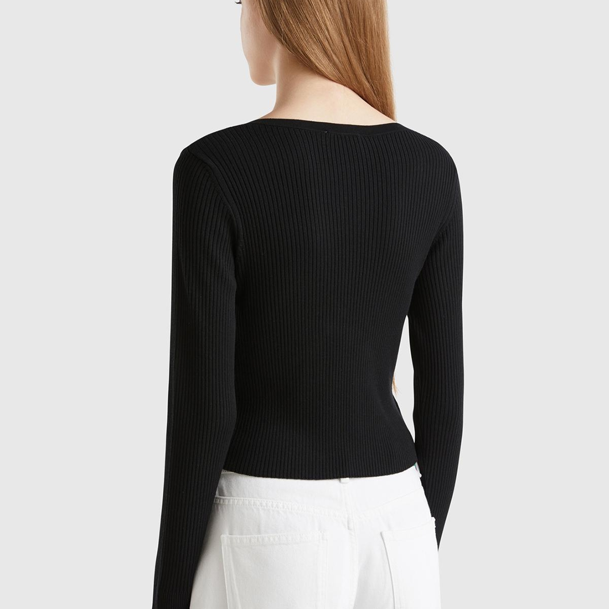 Kadın Siyah Viskoz Karışımlı Önü Bağlama Detaylı Geniş V Yaka Hırka