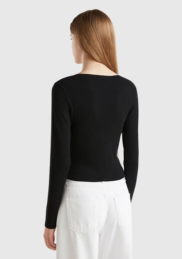  Kadın Siyah Viskoz Karışımlı Önü Bağlama Detaylı Geniş V Yaka Hırka