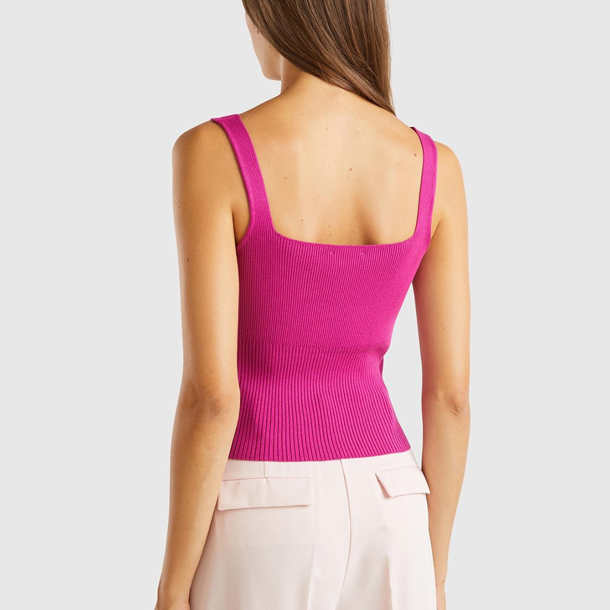 Kadın Fuşya Viskoz Karışımlı Nervür Detaylı Kare Yaka Askılı Üst