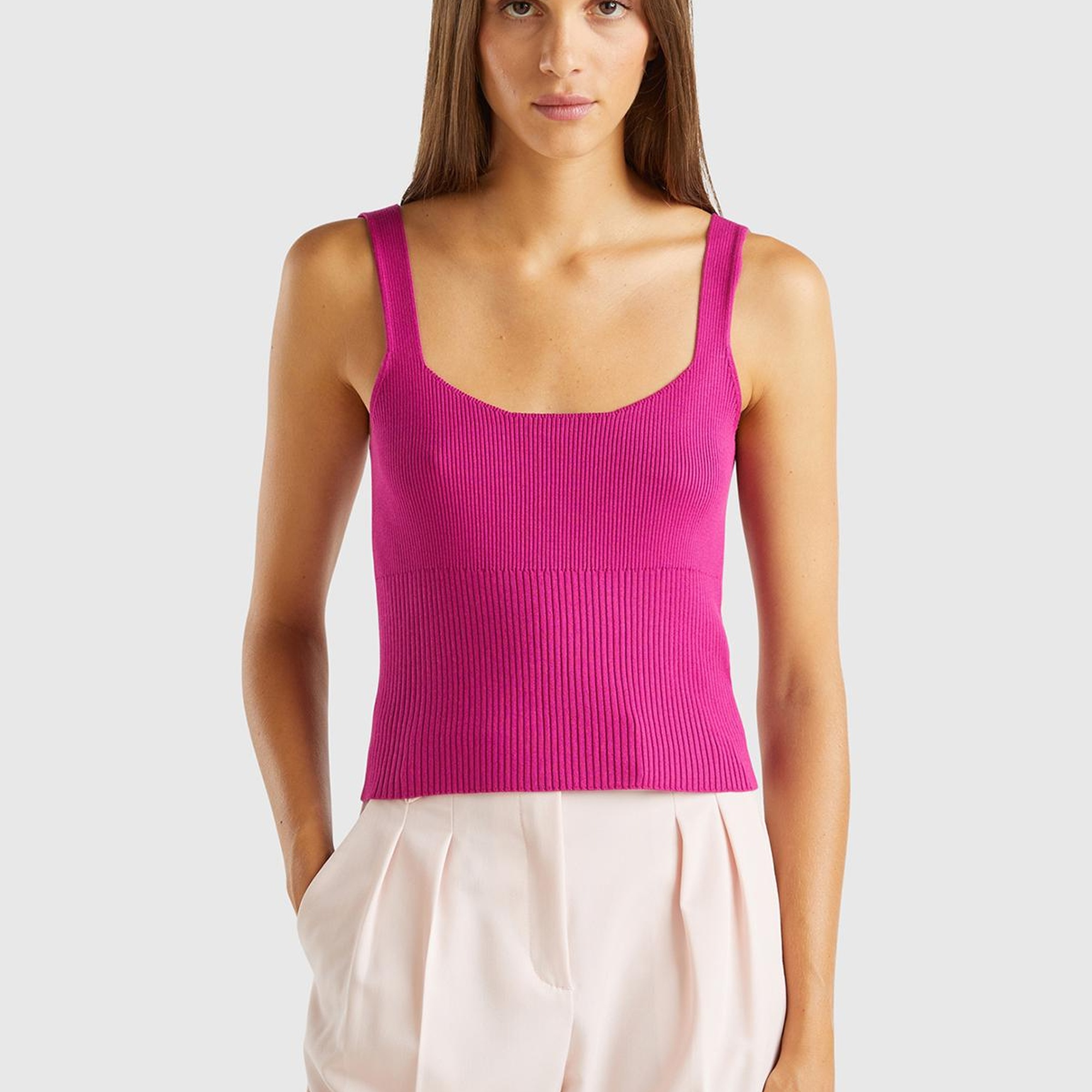 Kadın Fuşya Viskoz Karışımlı Nervür Detaylı Kare Yaka Askılı Üst