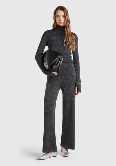  Kadın Gümüş Pamuk ve Viskoz Karışımlı Simli Palazzo Pantolon