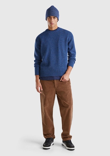  Erkek Mavi Melanj Bisiklet Yaka Shetland Kazak