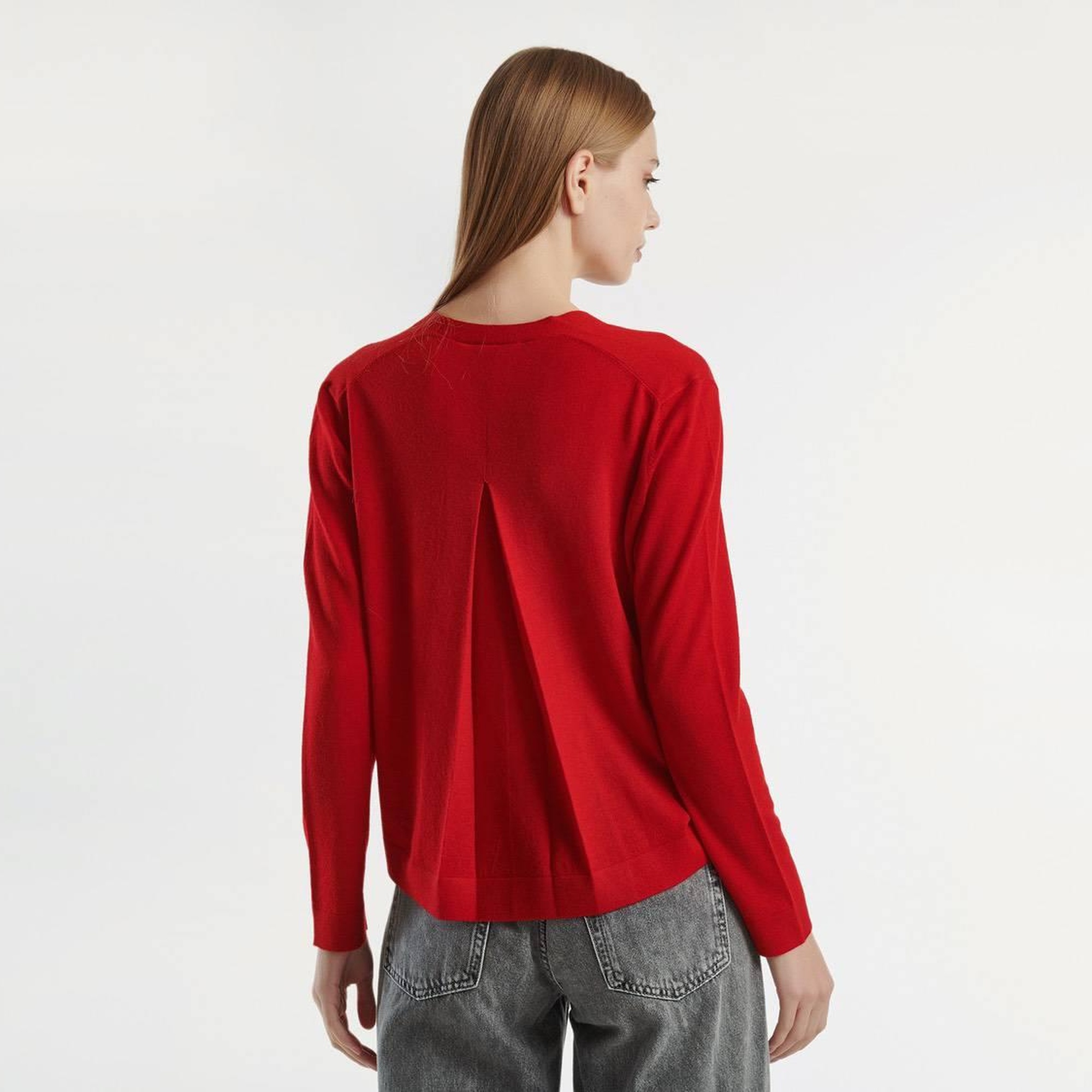 Kadın Kırmızı %100 Yün Önü Düğmeli Arkası Yırtmaç Detaylı V Yaka Hırka