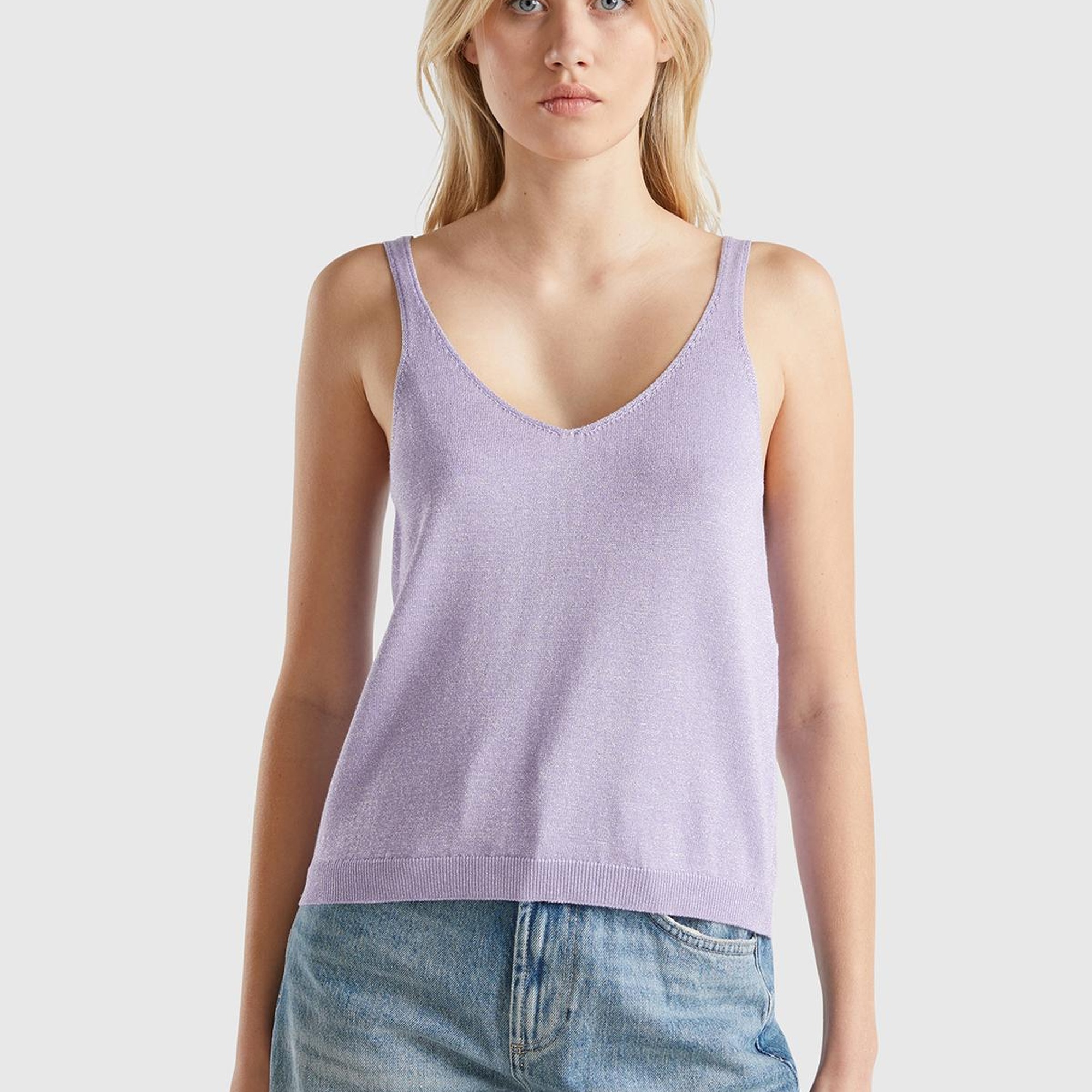 Kadın Pembe Pamuk ve Viskoz Karışımlı Simli Geniş Yaka Askılı Üst